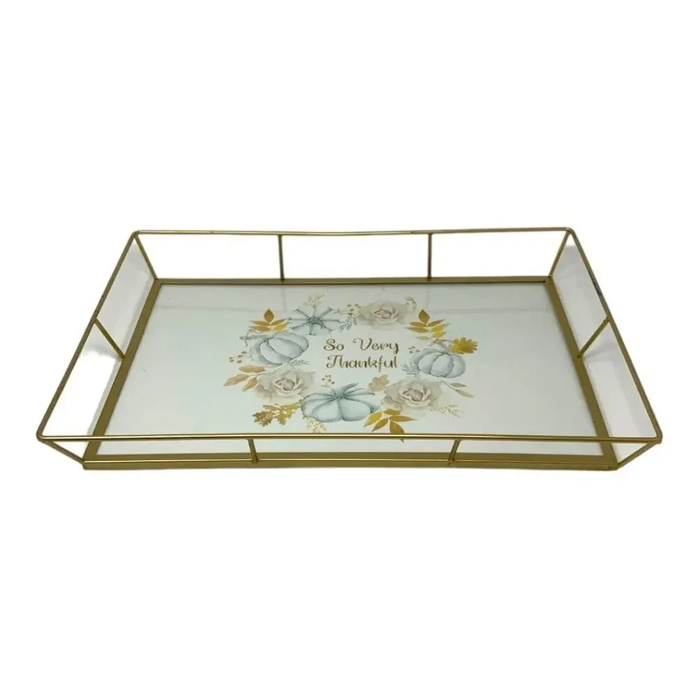 So Very Thankful Seasonal Gold Wire Decorative Accent Tray 12x17